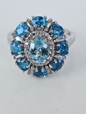 Genuine Neon Apatite & White Zircon Ring Sterling Silver Rhodium Overlay Size 8!